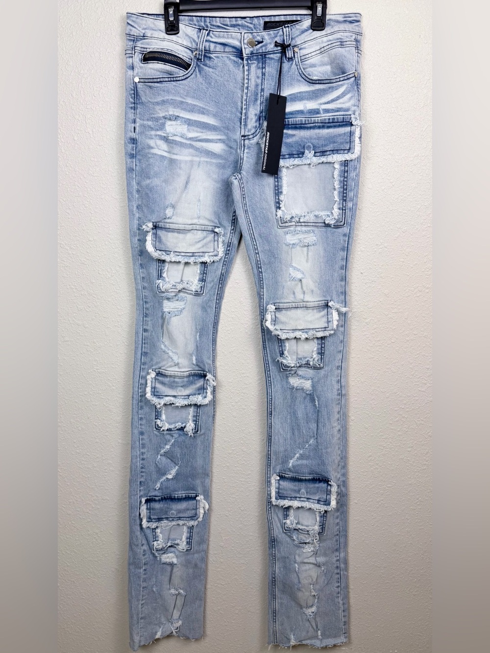 Rockstar Original Pooja Jeans 34 Super Stacked Flare 46.5” Distressed NWT